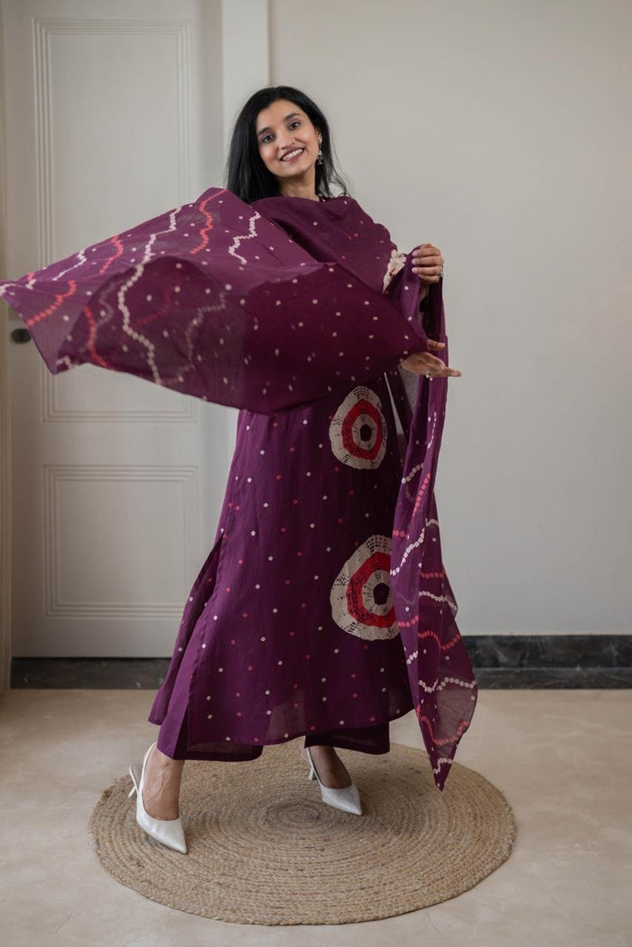 Tina Bandhej Timeless Cotton Suit- Violet