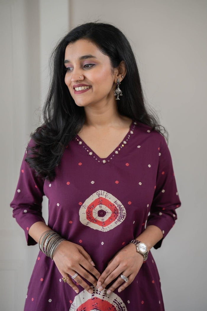 Tina Bandhej Timeless Cotton Suit- Violet