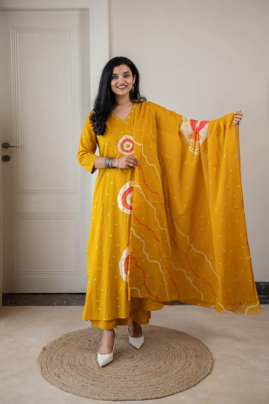 Tina Bandhej Timeless Cotton Suit- Yellow