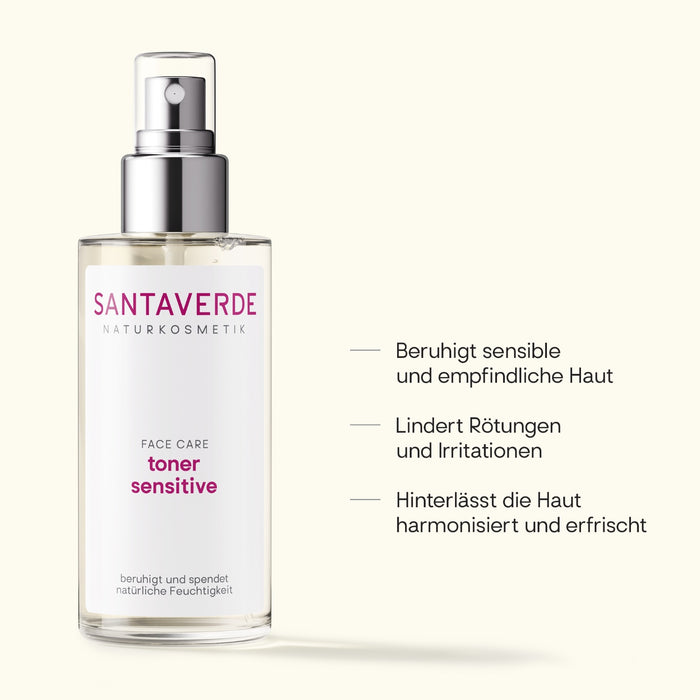 Santaverde Toner Sensitive – Naturkosmetik Gesichtstoner mit Aloe Vera, Produktdarstellung mit USPs und Anwendungsvorteilen auf hellem Hintergrund
