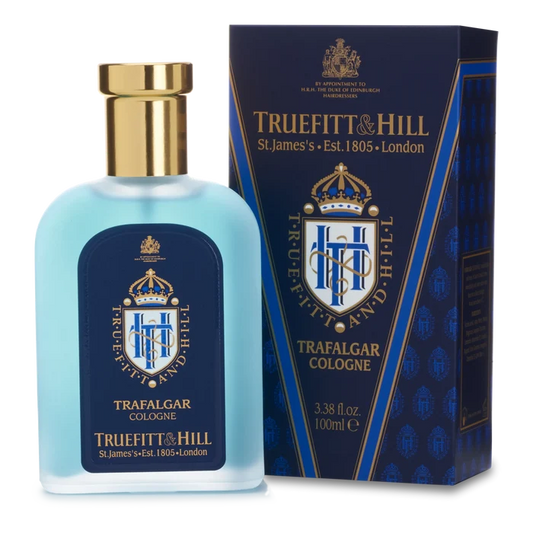 Truefitt & Hill Trafalgar Cologne 100ml med mørkeblå eske og gulltrykk