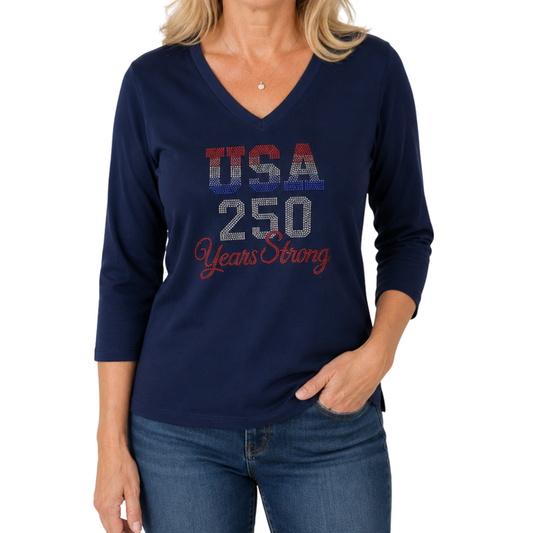 USA 250 Years Strong Rhinestone 3/4 Sleeve V-Neck Shirt