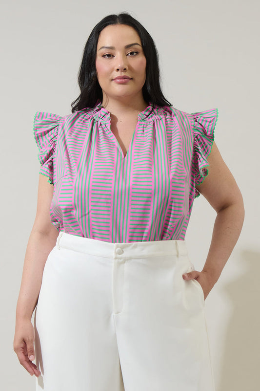 Valda Striped Jazzy Ruffle Top Curve