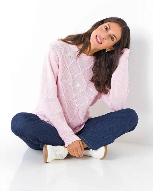 Vida Floral Embroidered Pure Cotton Sweater - Pink - Image 1 - The Classic Boutique