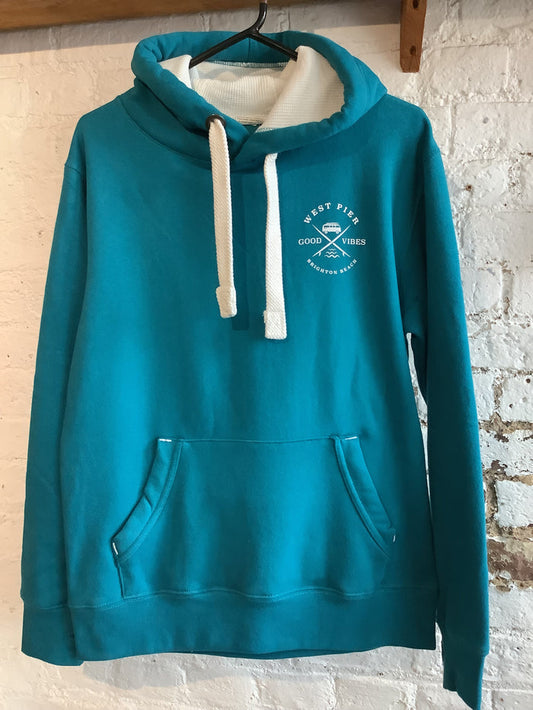 West Pier Hoodie - ‘West Pier - Good Vibes - Brighton Beach’ - Camper Van Logo - Caribbean Blue