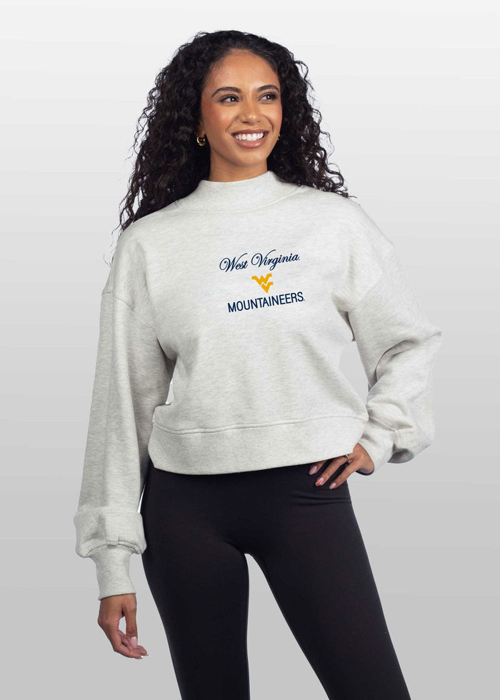 West Virginia Mountaineers Women's Ash-Grey Relaxed, waist-length Heavyweight Fleece Sweatshirt with mock neck, drop shoulders and balloon sleeves