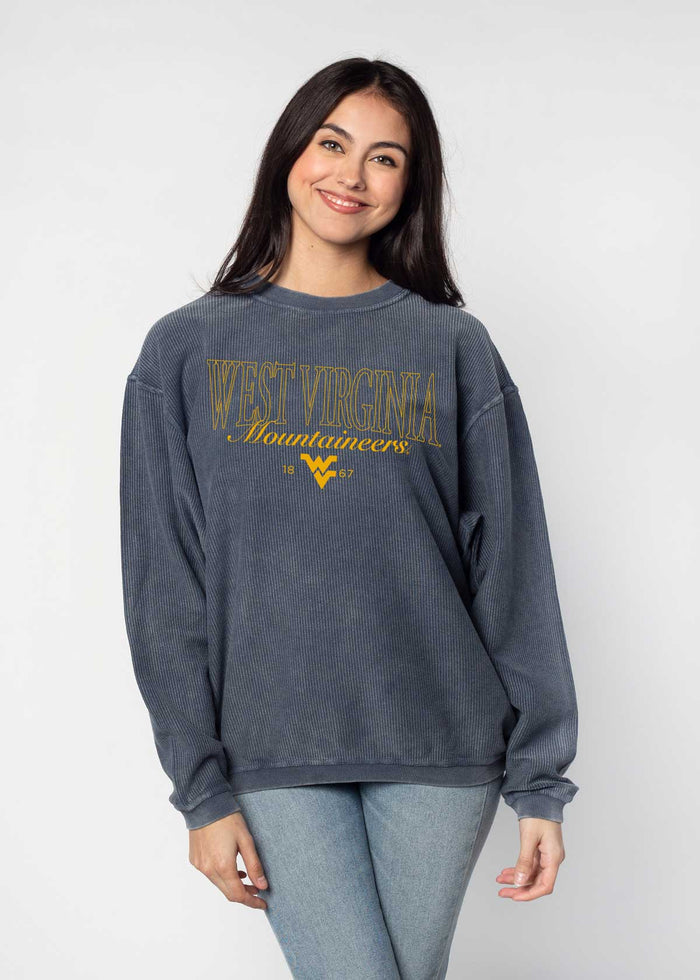 West Virginia Mountaineers Unisex Navy Oversized Premium cotton corded fleece Sweatshirt with Super soft hand feel, vintage wash and ribbed crew neckline, cuffs, and hemline