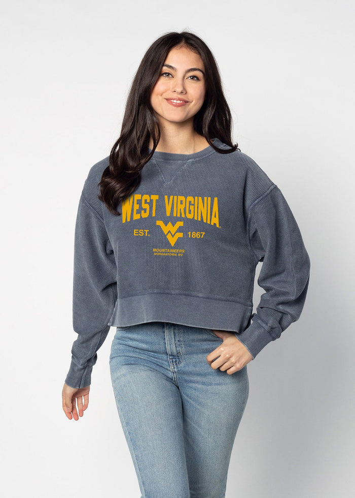 West Virginia Mountaineers Women's Navy Relaxed Premium cotton corded fleece Sweatshirt with Super soft hand feel, vintage wash, side slits and ribbed crew neckline, cuffs, and hemline