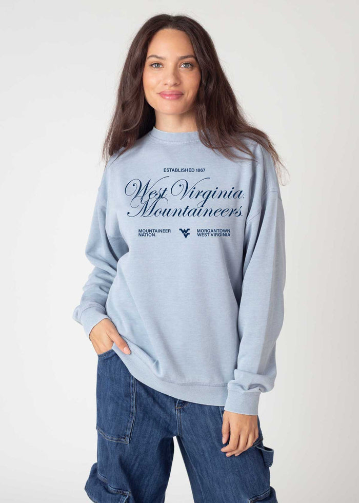 West Virginia Mountaineers Unisex Faded-Denim Oversized Burnout fleece Sweatshirt with Ribbed crew neckline, cuffs, hem, dropped shoulders and relaxed bottom hem