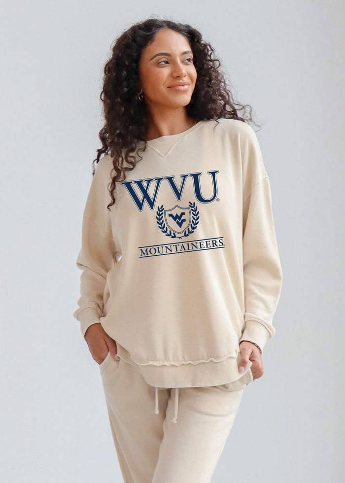 West Virginia Mountaineers Women's Oatmeal Relaxed Burnout fleece Sweatshirt with crew neck, dropped shoulders and hi-lo curved hem