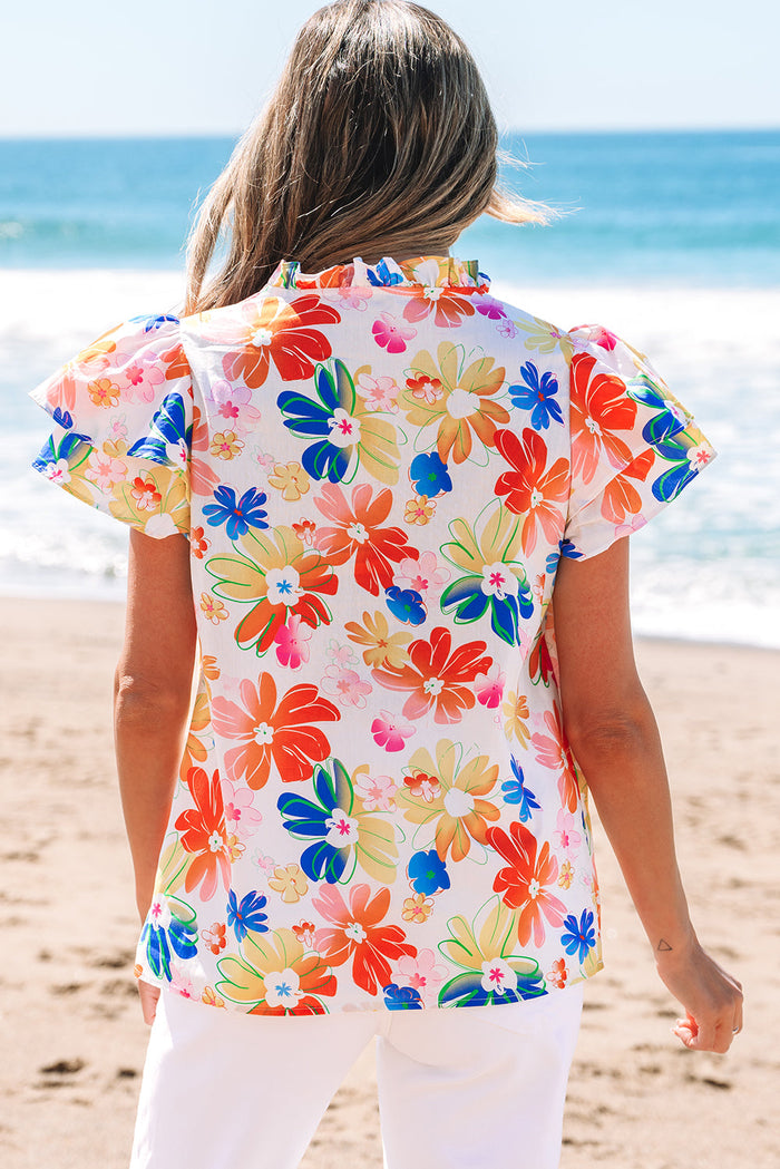 White Floral Bouquet Flutter Top - Tops/Blouses & Shirts