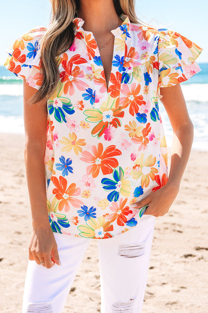 White Floral Bouquet Flutter Top - Tops/Blouses & Shirts