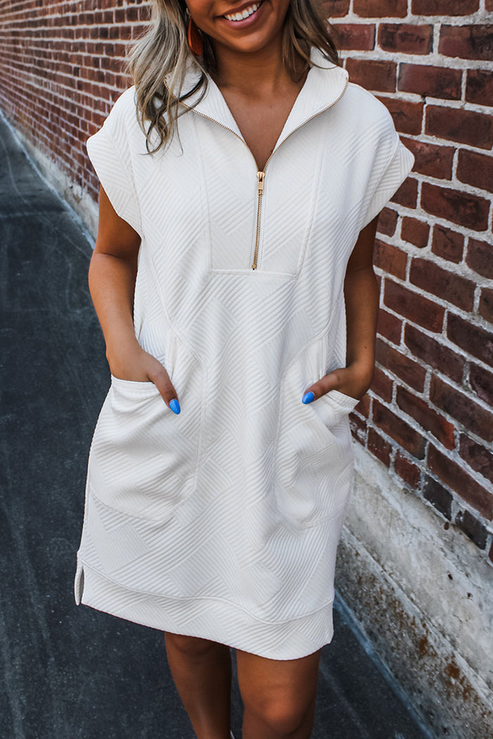 White Textured Half Zip Collared Cap Sleeve Mini Dress - S / 97% Polyester + 3% Elastane - Dresses/Mini Dresses
