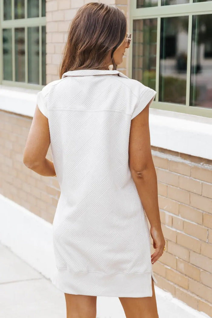 White Textured Half Zip Collared Cap Sleeve Mini Dress - Dresses/Mini Dresses