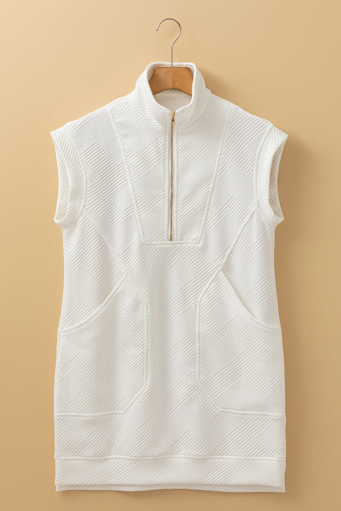 White Textured Half Zip Collared Cap Sleeve Mini Dress - Dresses/Mini Dresses