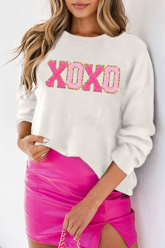 White XOXO Glitter Print Round Neck Casual Sweater - S / 100% Polyester - Sweaters & Cardigans/Sweaters