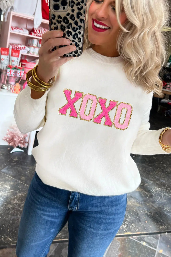 White XOXO Glitter Print Round Neck Casual Sweater - Sweaters & Cardigans/Sweaters