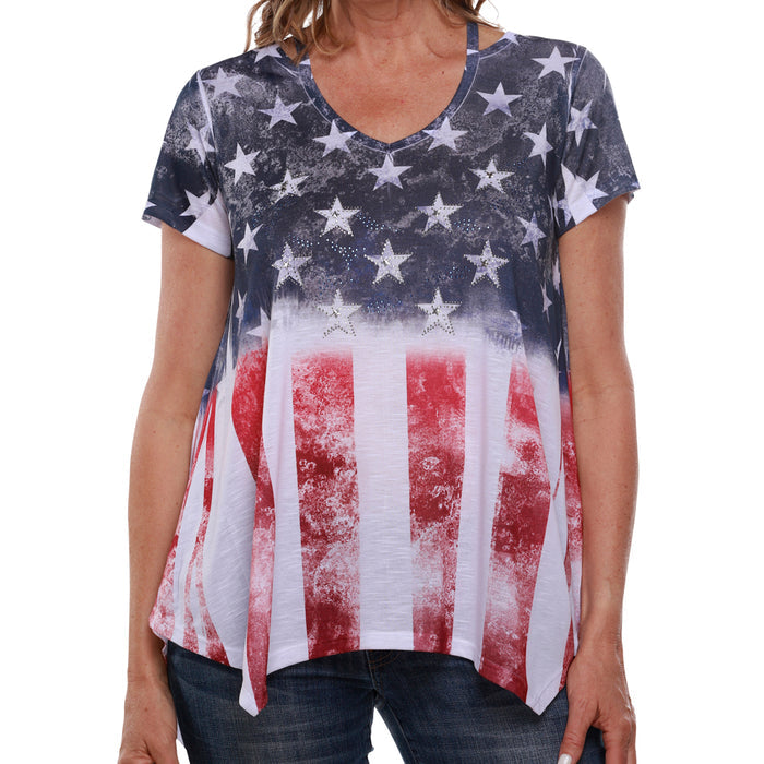 Women's Made in USA American Flag with Rhinestones Stars Shirt - The Flag Shirt