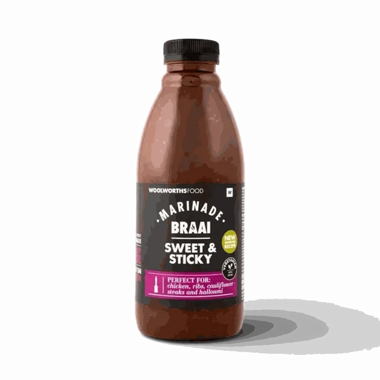 750ml bottle of Woolworths Sweet & Sticky Braai Marinade for grilling and roasting