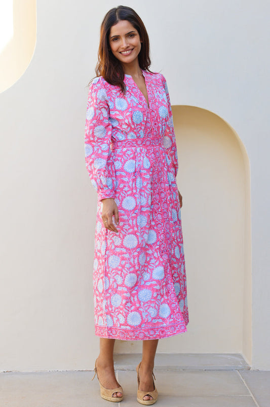 Wren Block Print Organic Cotton Dress | Pink/Cobalt - Aspiga
