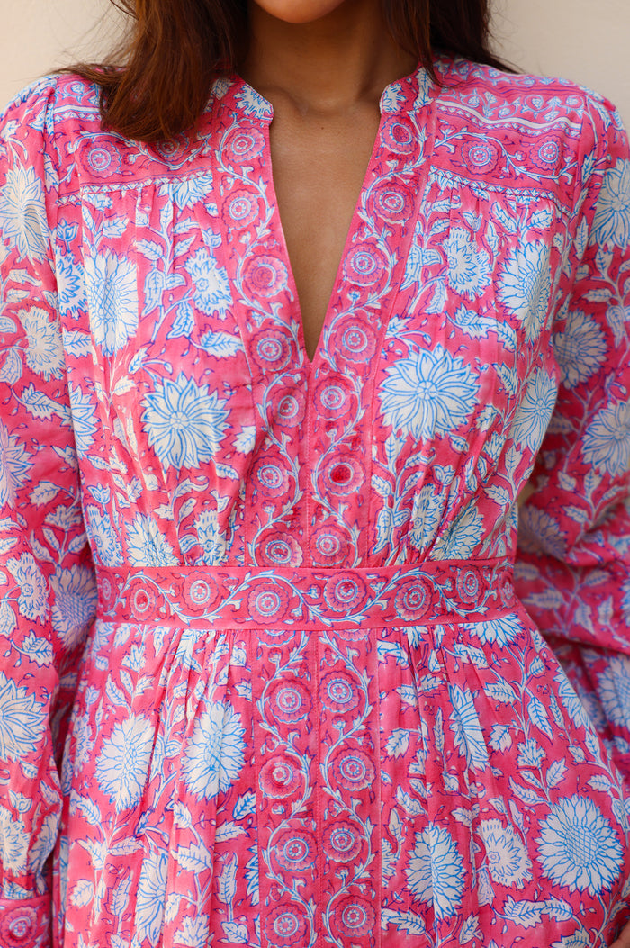 Wren Block Print Organic Cotton Dress | Pink/Cobalt - Aspiga