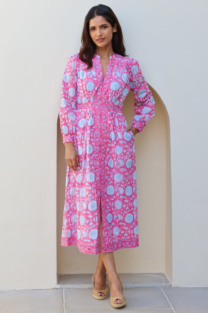 Wren Block Print Organic Cotton Dress | Pink/Cobalt - Aspiga