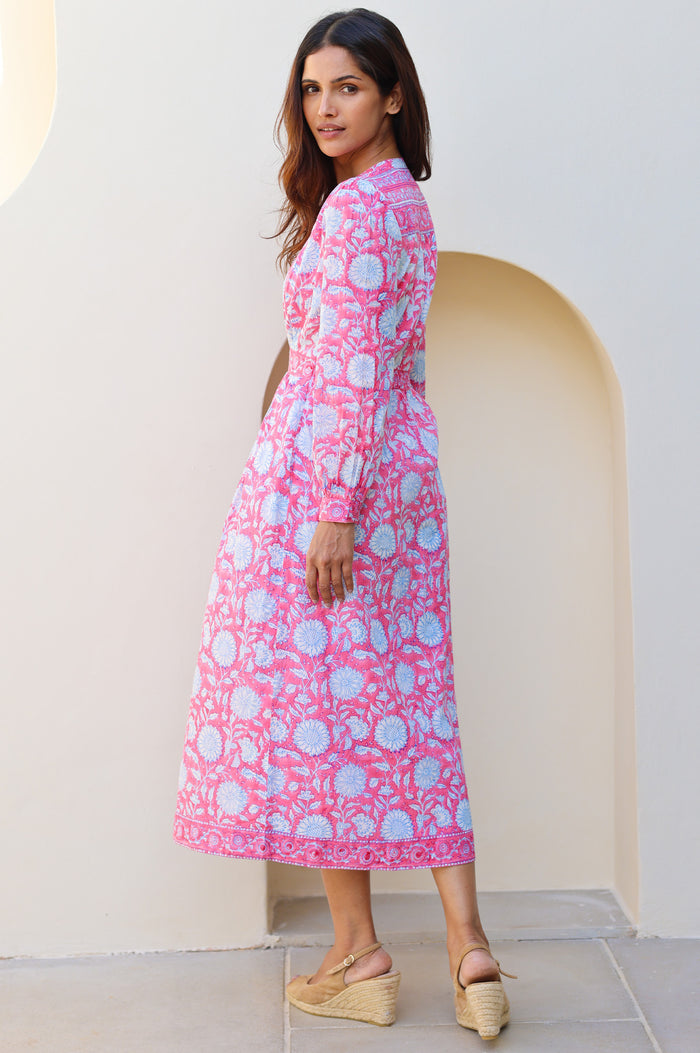 Wren Block Print Organic Cotton Dress | Pink/Cobalt - Aspiga