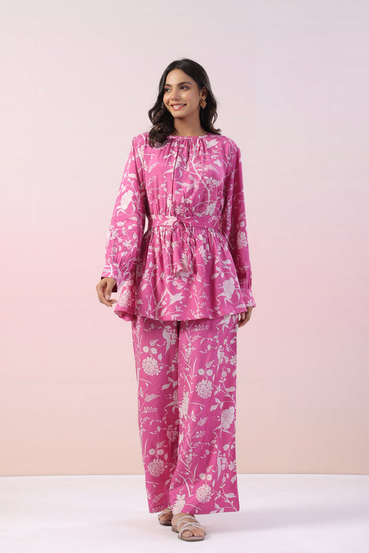 Zinnia Pink Floral Russian Silk Co-ord Set
