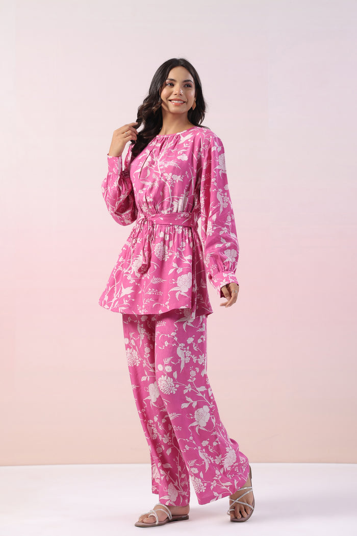 Zinnia Pink Floral Russian Silk Co-ord Set